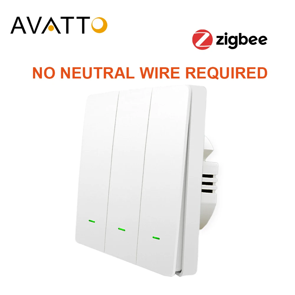 Умный выключатель AVATTO Tuya Zigbee с 1/2/3 клавишами без нейтрального провода для умного