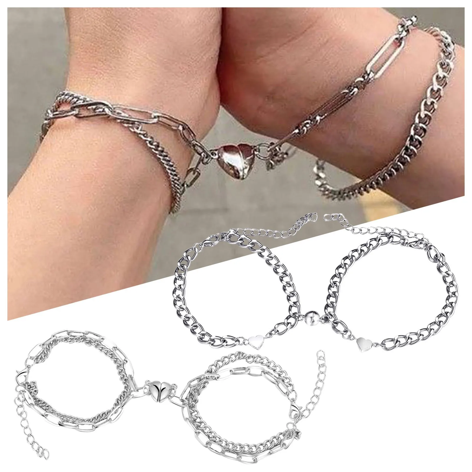 

2Pcs Punk Silver Color Cuba Chain Couple Bracelet for Women Romantic Magnet Men Paired Things Fashion Jewelry Lovers's Gift