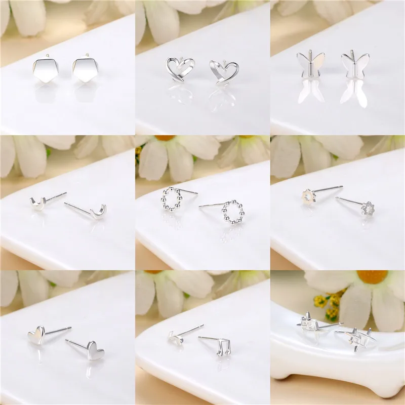 

White Copper Silver Needle Cute Mini Stud Earrings Women's Cute Heart Star Flower Daisy Stud Earrings Jewelry for Women