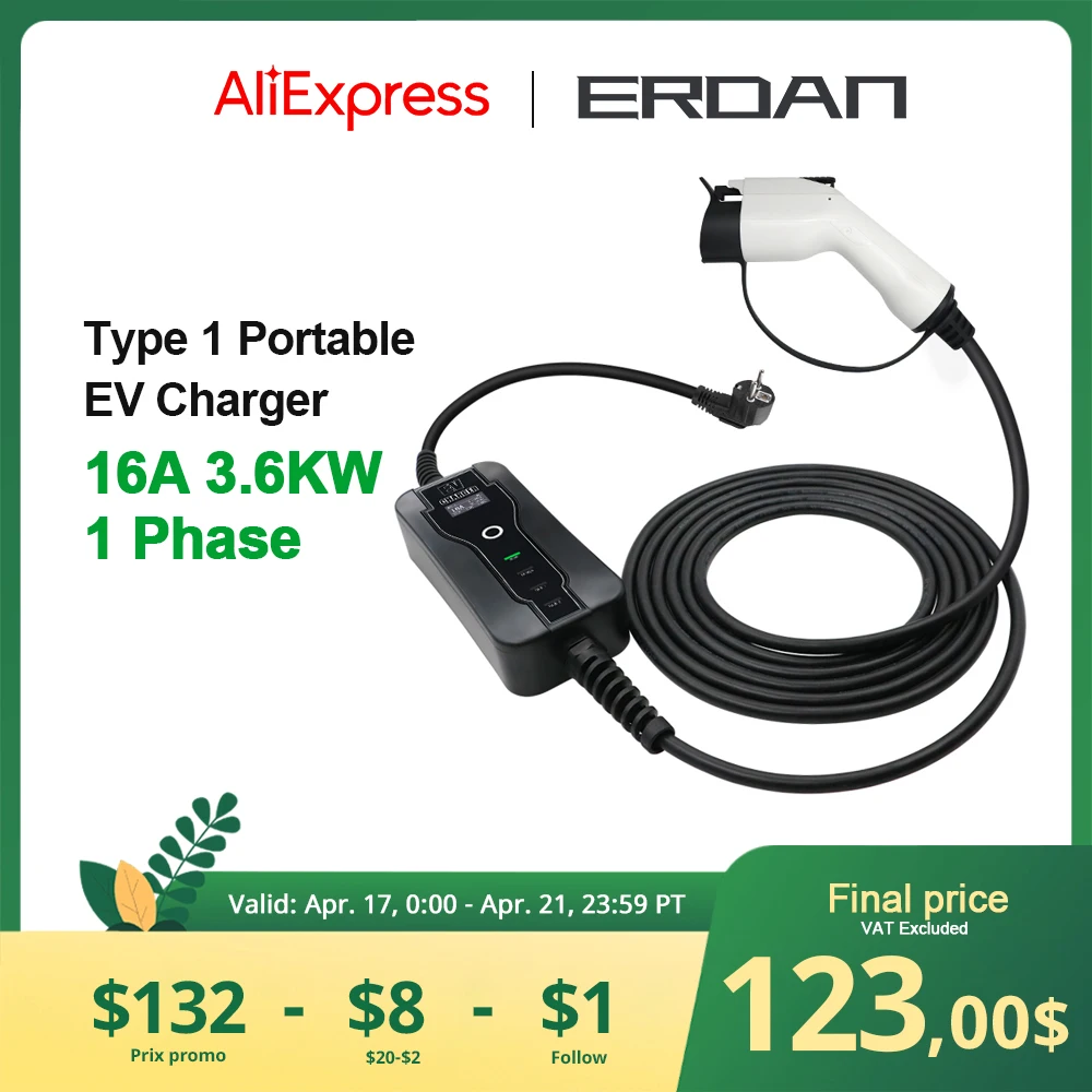 

ERDAN SAEJ1772 Portable EV Charger 16A 3.6KW Type 1 IEC 62196-2 Type 2 Wallbox Adjustable Current For Electric Vehicle Car Charg