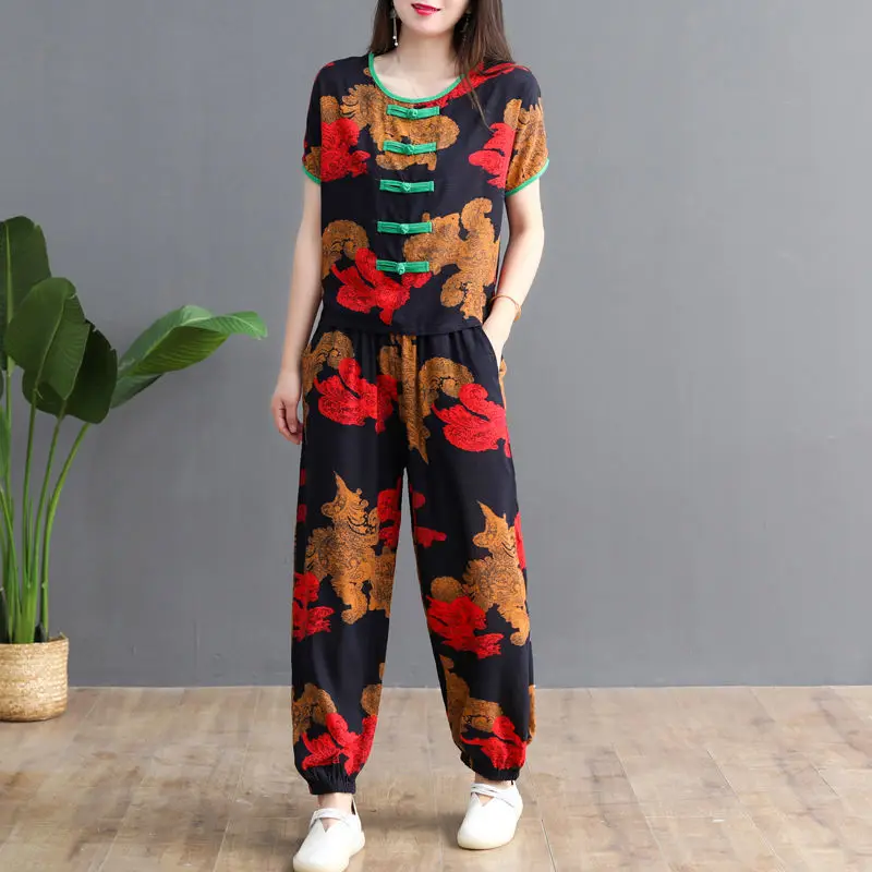 

2022 Summer Middle-aged and Elderly Women's Suits Short Sleeve Cotton Linen T-shirt & Pants Print 2 Piece Sets 4XL N35