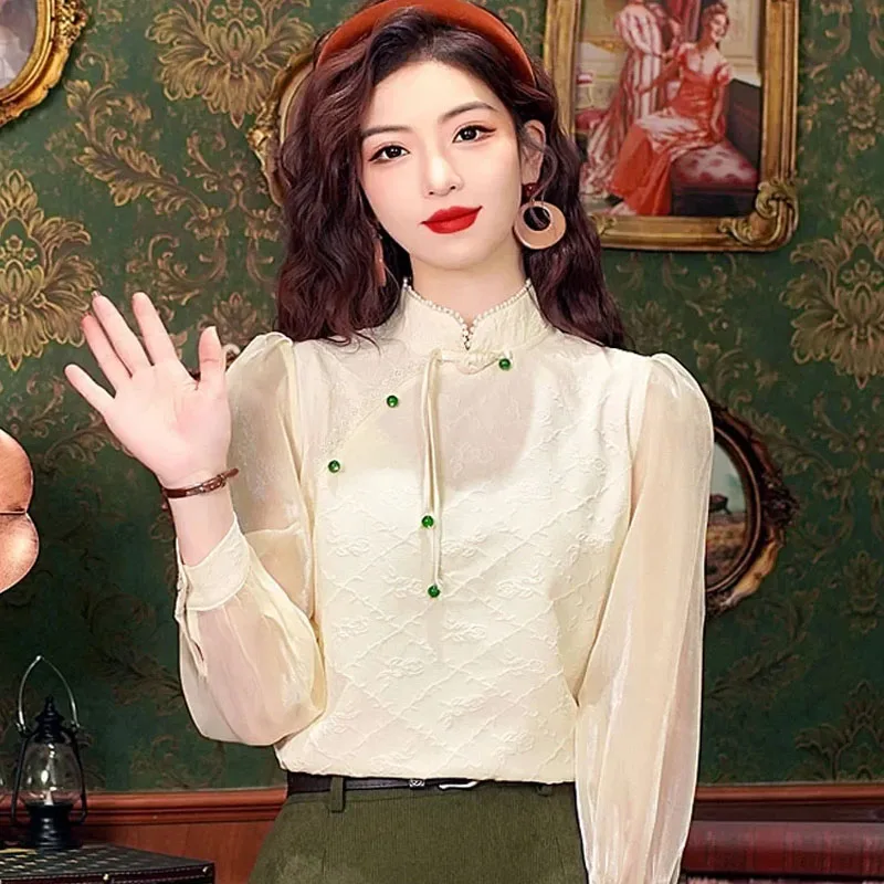 Новая модная женская блузка в китайском стиле с воротником-стойкой рубашка топы