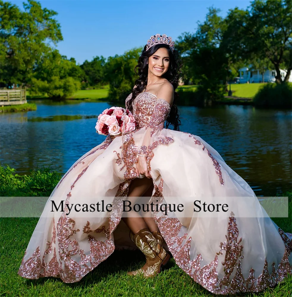

New Rose Gold Lace Ball Gown Quinceanera Dress 2023 With Detachable Sleeve Sequins Appliques Sweet 16 Dress Birthday Party Gown