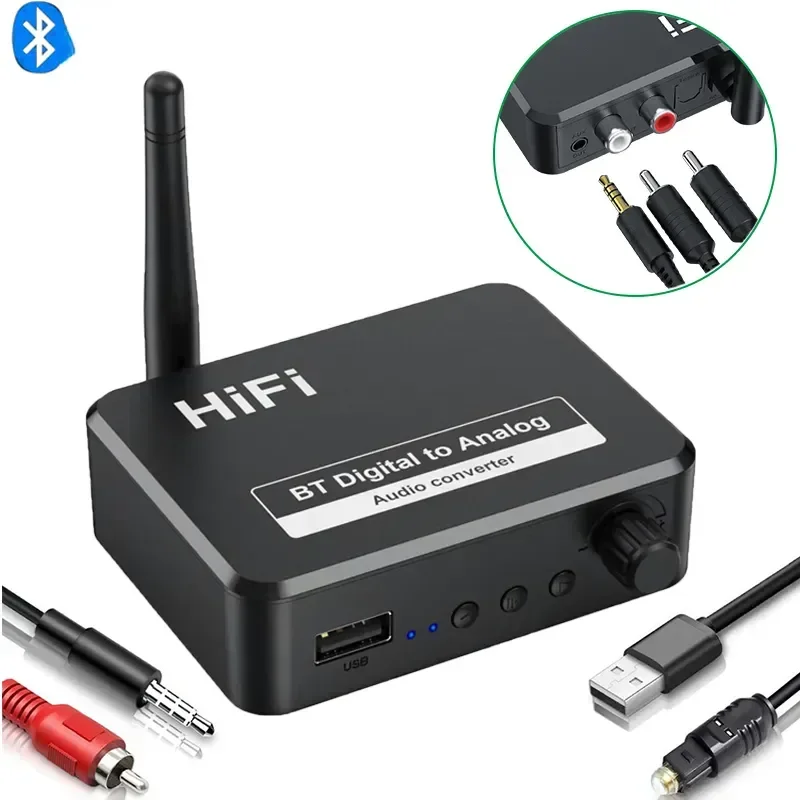 

sease to Analog Audio DAC Converter Adapter Digital SPDIF Optical Toslink to 3.5mm 3.5 AUX Jack RCA L/R Bluetooth 5.0 Receiver