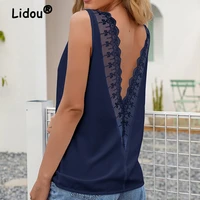 sexy patchwork summer women 2022 backless v neck solid color lace hollow out multicolor sleeveless tank top off shoulder tunic