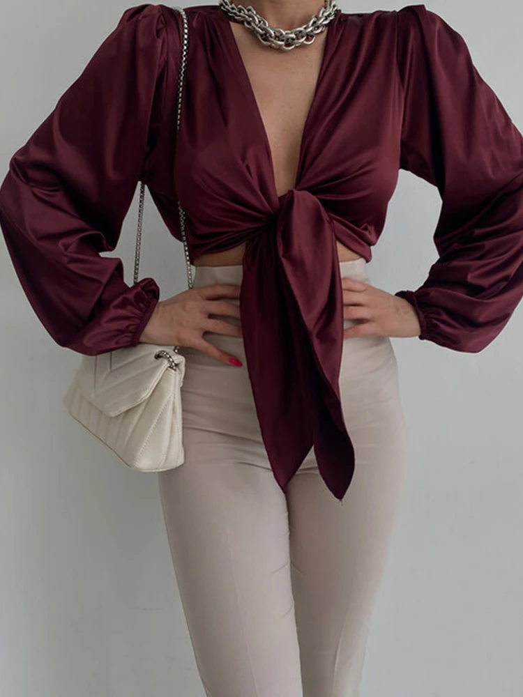 

Spring New Women Deep V Cutout Party Tops Casual Slim Lantern Sleeves Dignified Pullovers Ladies Elegant Pleated Commuter Shirts