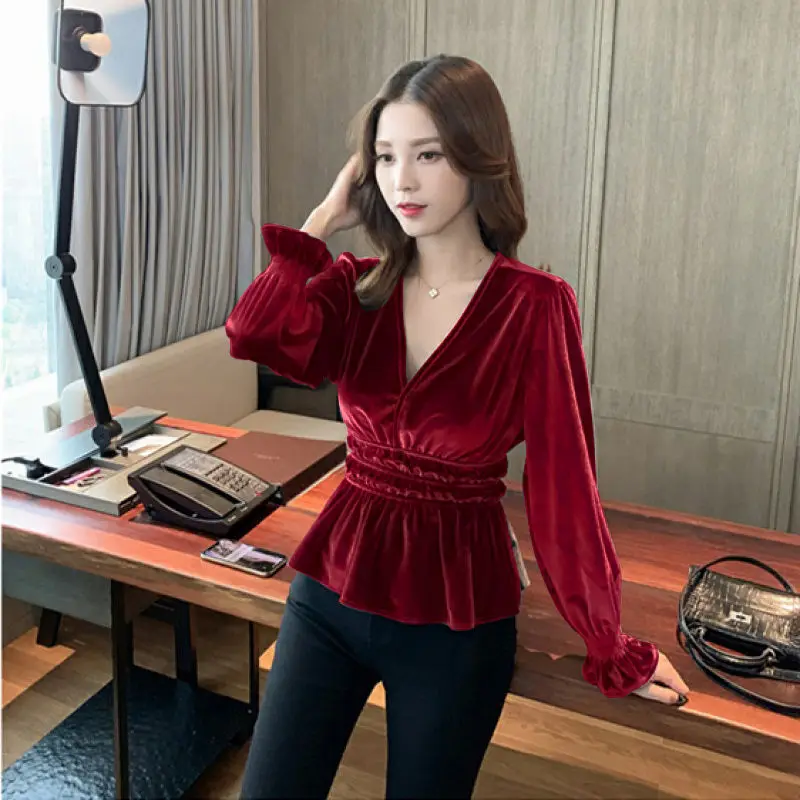 

Женская бархатная Блузка с V-образным вырезом и длинным рукавом