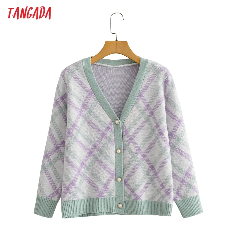 

Tangada 2021 Autumn Women Plaid Office Lady Knitted Cardigan Sweater Jumper Vintage Long Sleeve Button-up Female Outerwea BC136