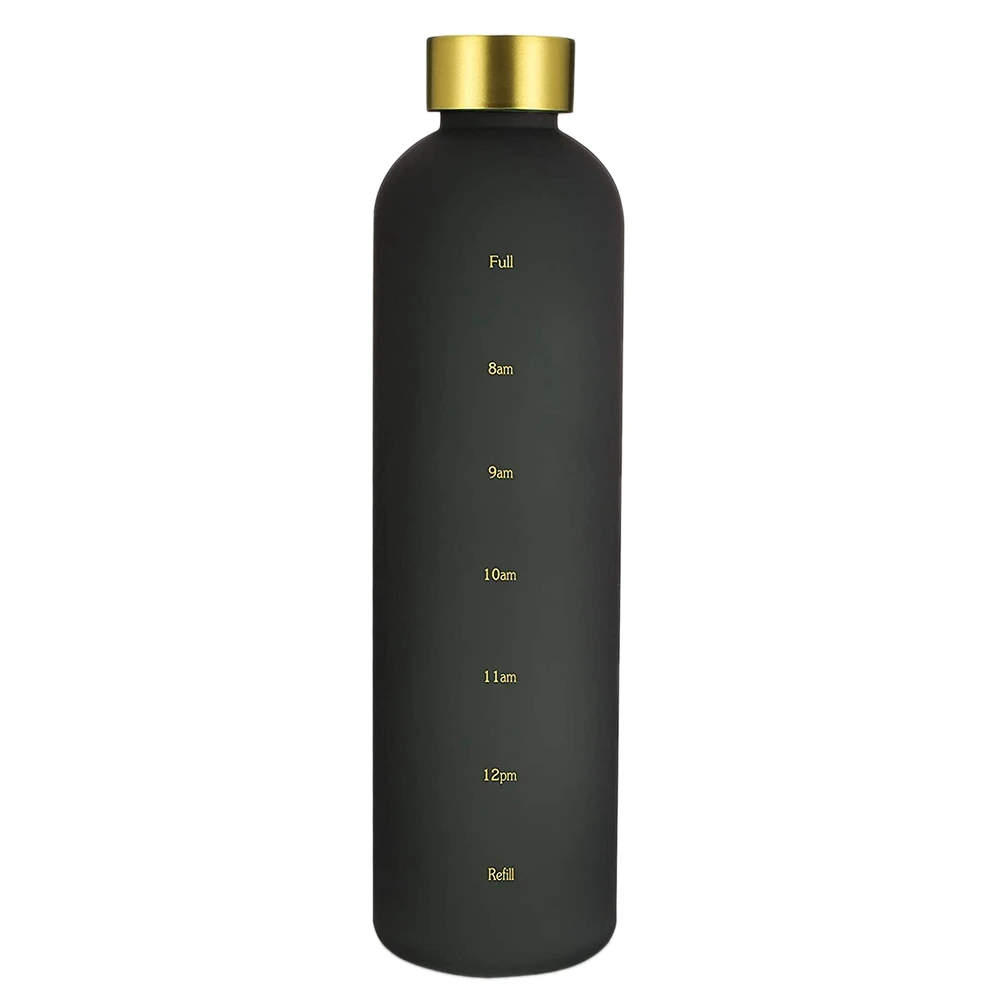 

Plastic Space Cup Large-Capacity Transparent Frosted Water Cup Copper Lid Water Bottle with Time Marker 1000ML Black