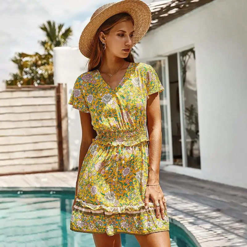 

Новинка 2022, Лидер продаж, пикантная одежда для отдыха, женское платье, летнее пляжное модное платье с V-образным вырезом и принтом