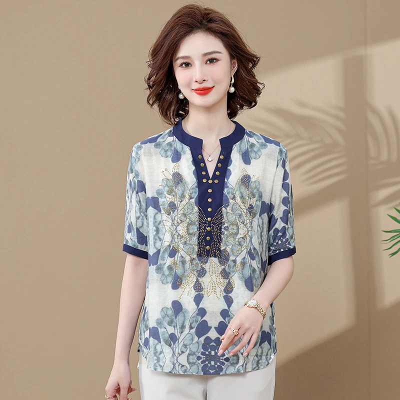 

Women's Casual Blouse with V Neck, Short Sleeve, Elegant Office Work Shirt, Ladies Tops, Fashion, New