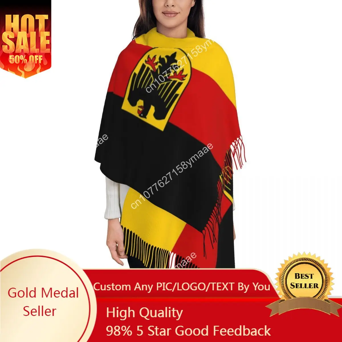

Women's Tassel Scarf German State Flag Germany Large Soft Warm Shawl Wrap Imperial Eagle Gifts Pashmina Scarves