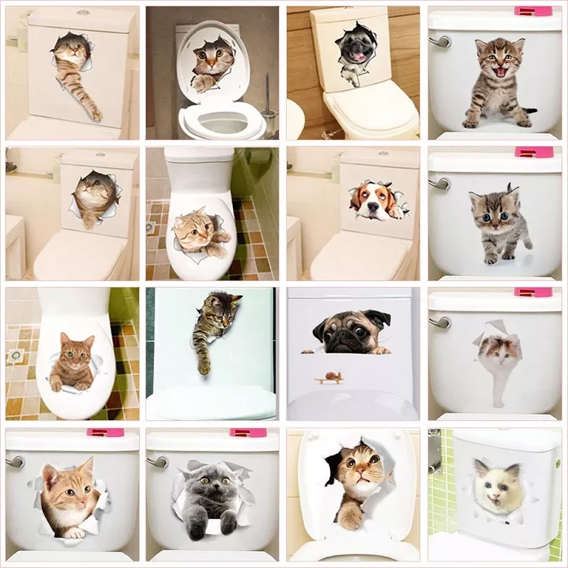 

Cat Dog Toilet Stickers Home Decoration Diy Funny Cartoon Animal Wc Mural Art Vivid 3d Kitten Puppy Safari Pvc Wall Decal