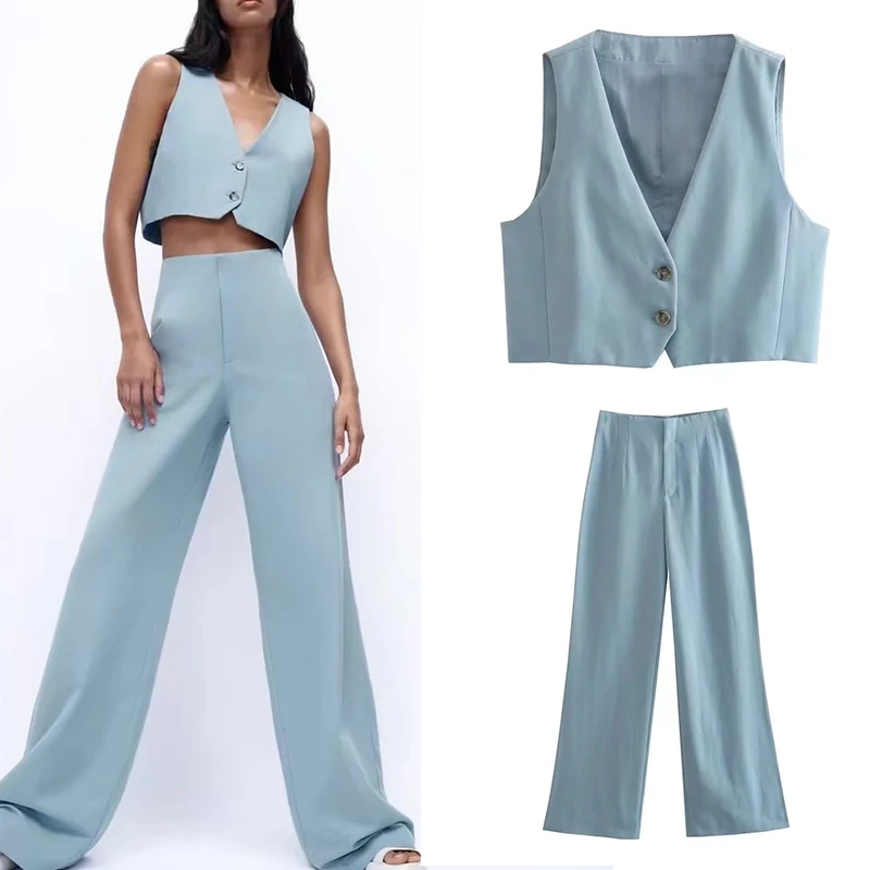 

Summer 2022 Women Solid Sleeveless Linen Cropped Vest With High Waist Wide Leg Long Pants Office Lady Sets OP2221