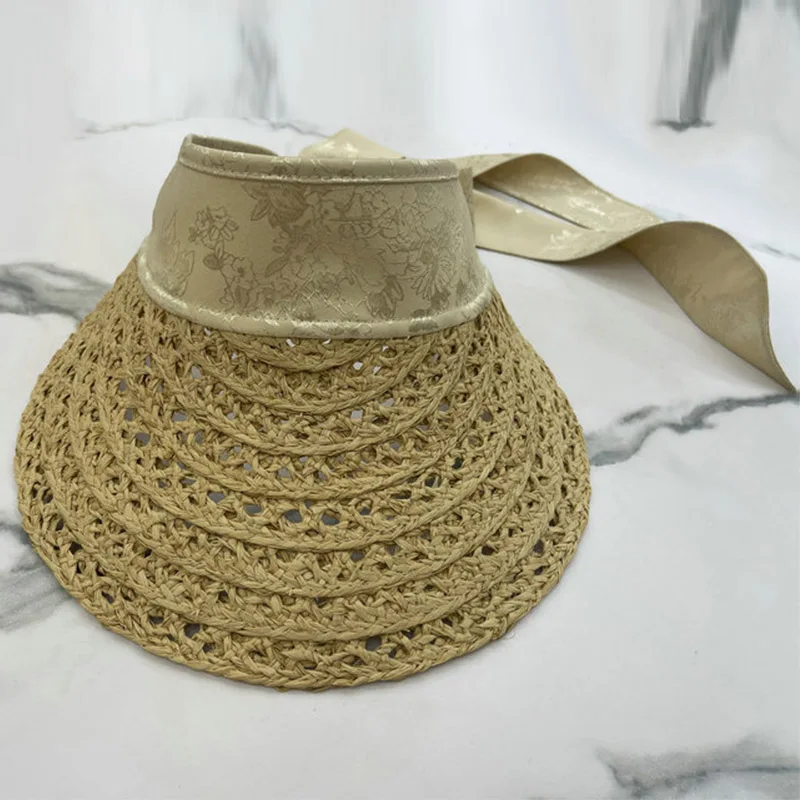 

2023 New Summer Women Hat Brimmed Ribbon Tie Straw Sun Hat Raffia Visor Cap Crownless Casual Beach Hat Derby Vacation Visor