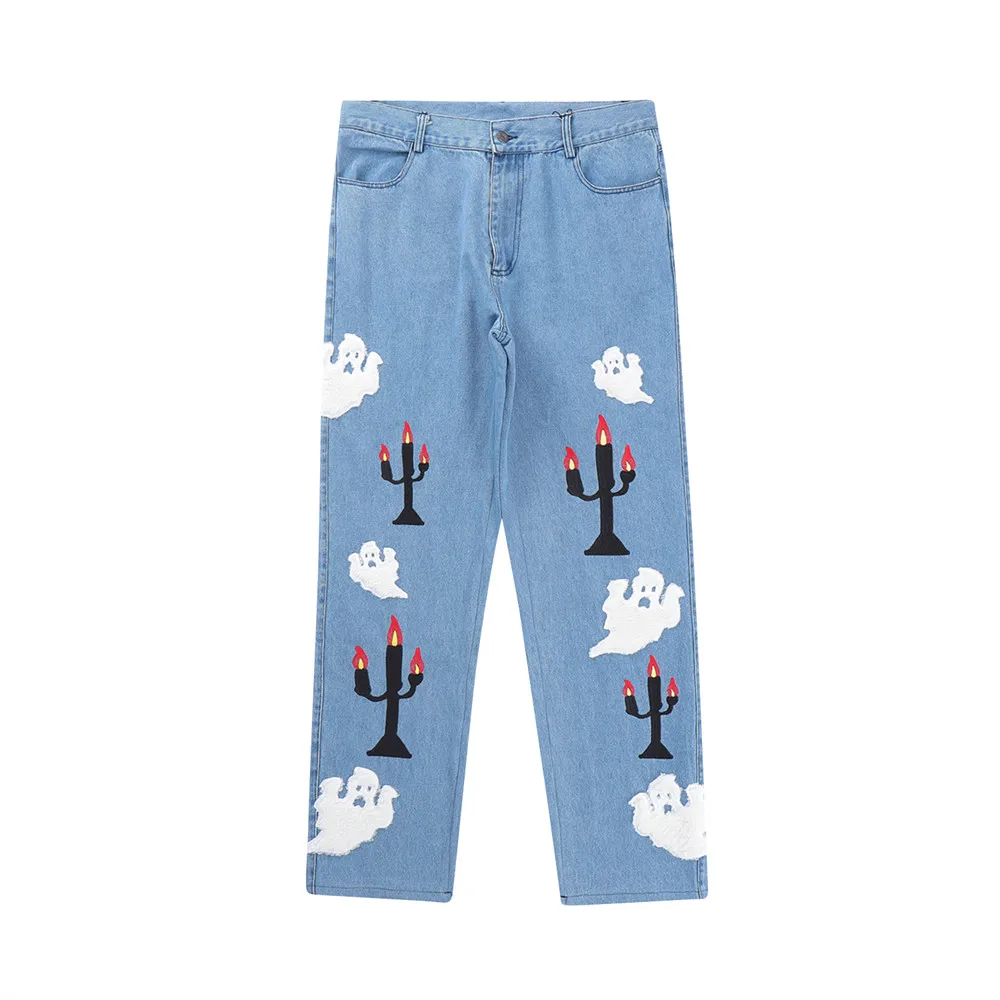 Fashion High Street Lampstand and Skull Flower Embroidery Ripeed Jeans Men Women Straight Retro Casual Baggy Denim Trousers Blue