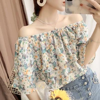 vintage printed butterfly sleeve spliced folds slash neck chiffon blouse loose commute pullovers sexy female clothing shirt