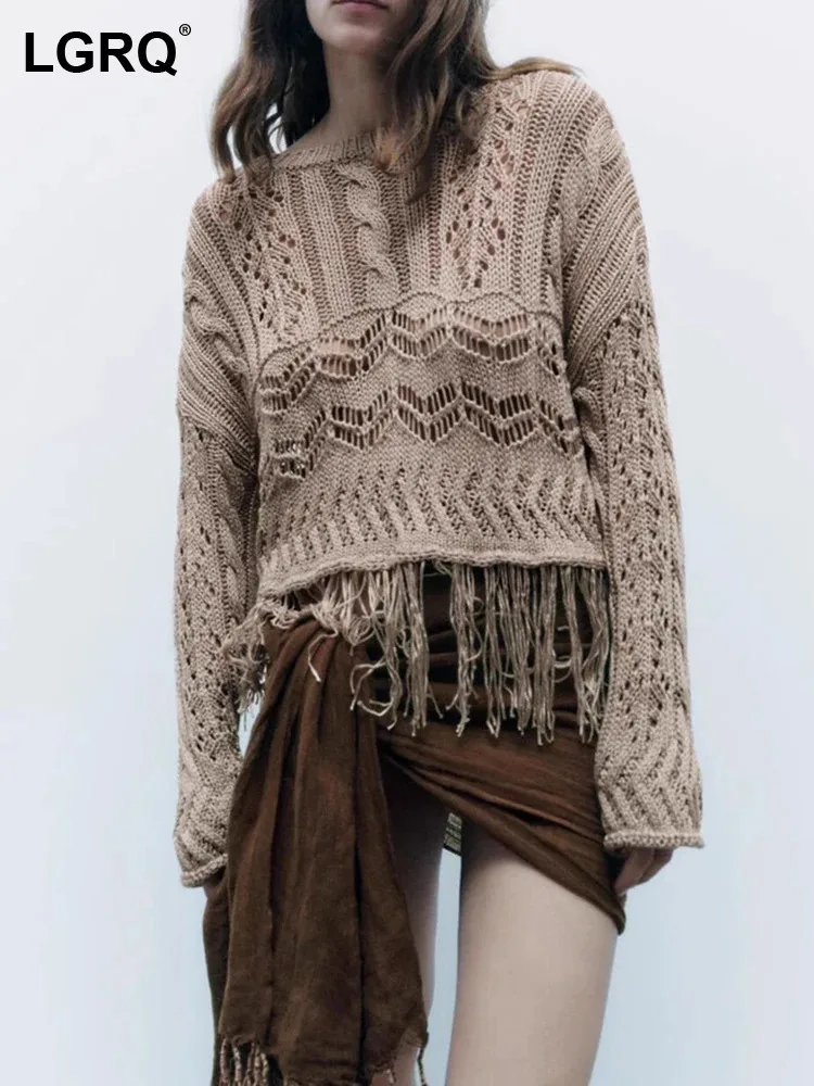 

LGRQ Casual 2023 Fashion Original Tassel Hollow Out Design Knitted Pullover Women's V Neck High Quality Trendy Sweater 19F4149