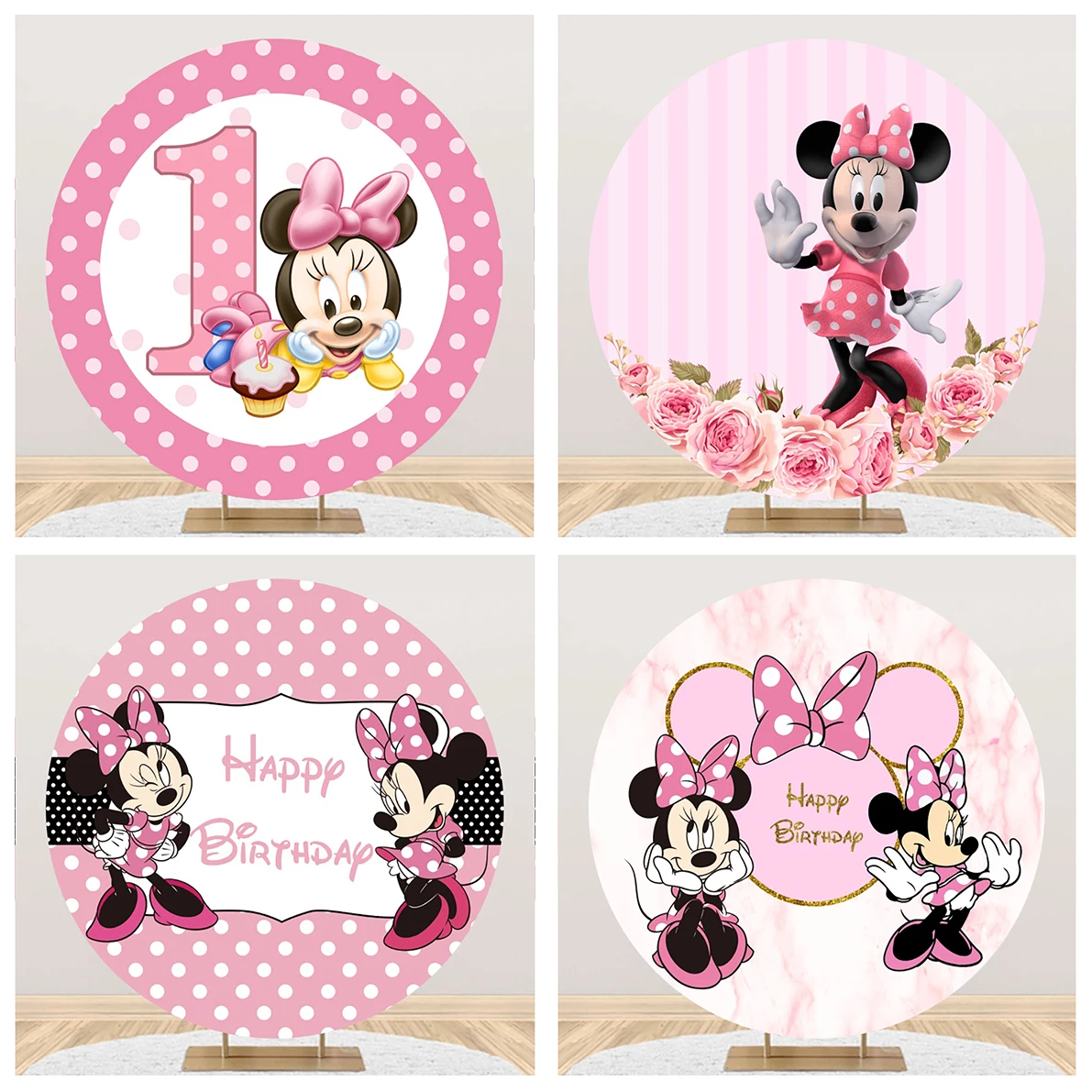 

Праздвечерние чные фоны Минни Маус круглая форма Дисней Минни Маус Детский день рождения украшение свадебный фон на заказ фотозона