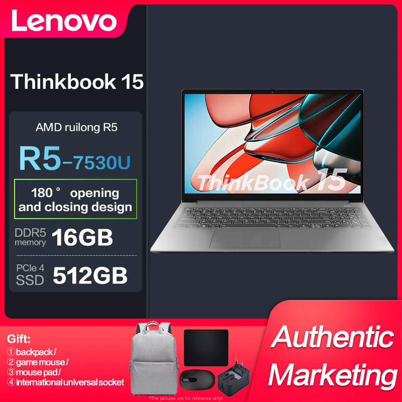 

Новинка 2023 г., тонкий ноутбук Lenovo ThinkBook 15 Ryzen R5-7530U 16 ГБ 512 ГБ SSD 15,6 дюйма