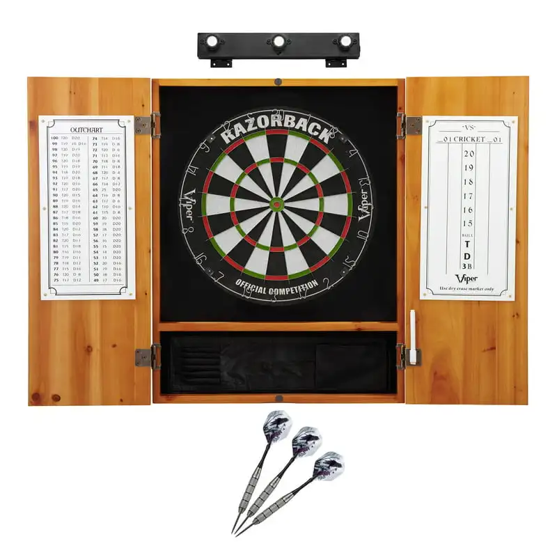

Sisal Dartboard, Metropolitan Oak Cabinet, Underground The Raven Steel Tip Darts & Shadow Buster Dartboard Lights Recurve bow Ta