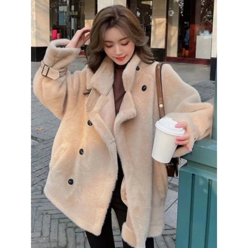

MOONBIFFY Winter Women Elegant Solid Faux Fur Coats Female Thicken Warm Lady Casual Double Breasted Imitation Rabbit Hair Coats