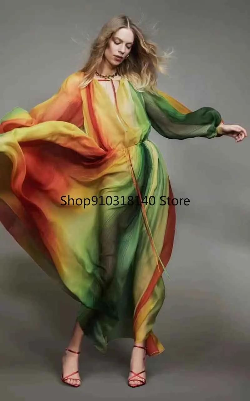 

Женское платье с длинным рукавом-фонариком, градиентные платья с круглым вырезом, длинное платье B15, весна-лето 2022