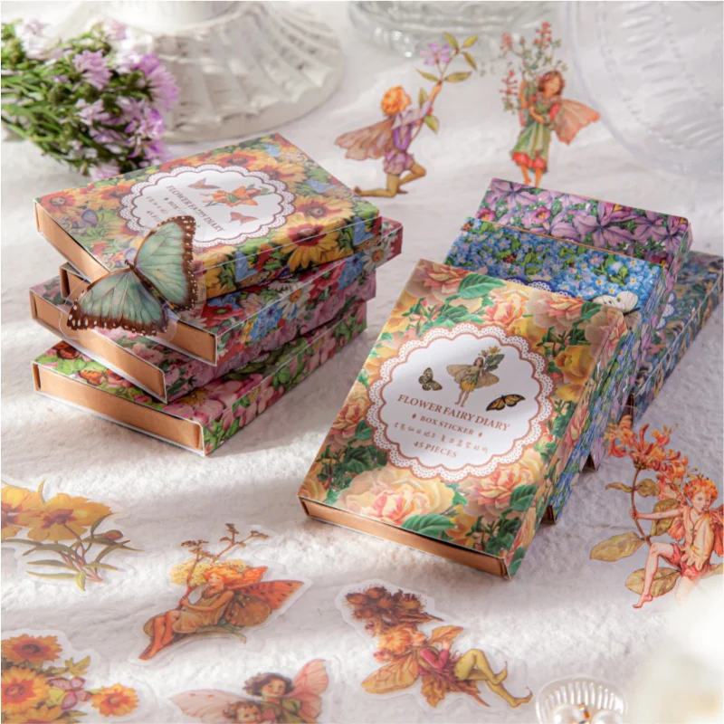 

45pcs/box Fairy Butterfly Waterproof PET Stickers Vintage Flower Elfin Decorative Label for Scrapbooking Journal DIY