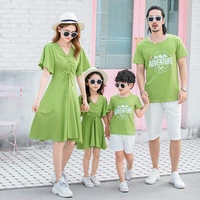 summer family look father mother daughter son clothes matching mommy and me mom daughter dress green slim outfits for sister