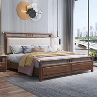 private custom new chinese walnut full solid wood bed king bed modern minimalist bedroom soft bag bedside double bed