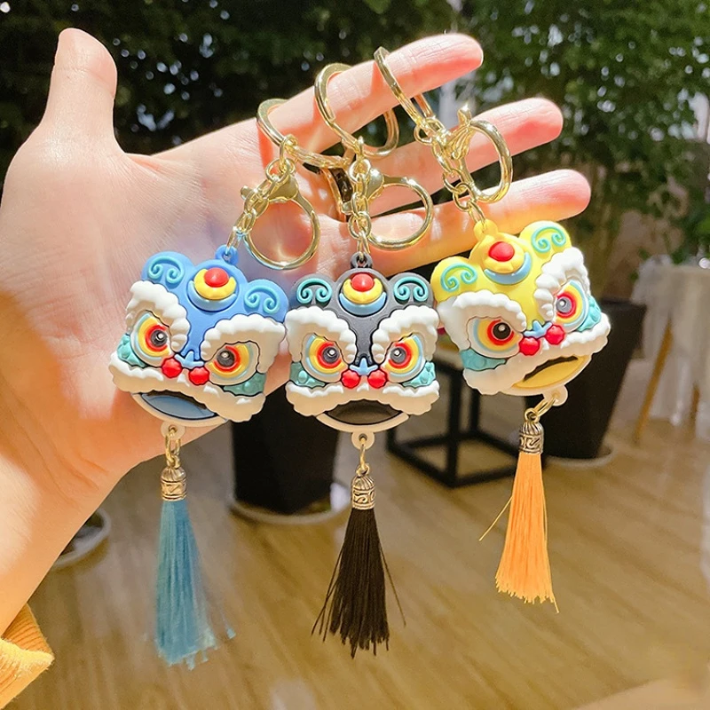 

Cartoon Dancing Lion Head Tassels Keychain Lovely Chinese Style Car Key Chains Couple Backpack Doll Pendant Creative Gifts