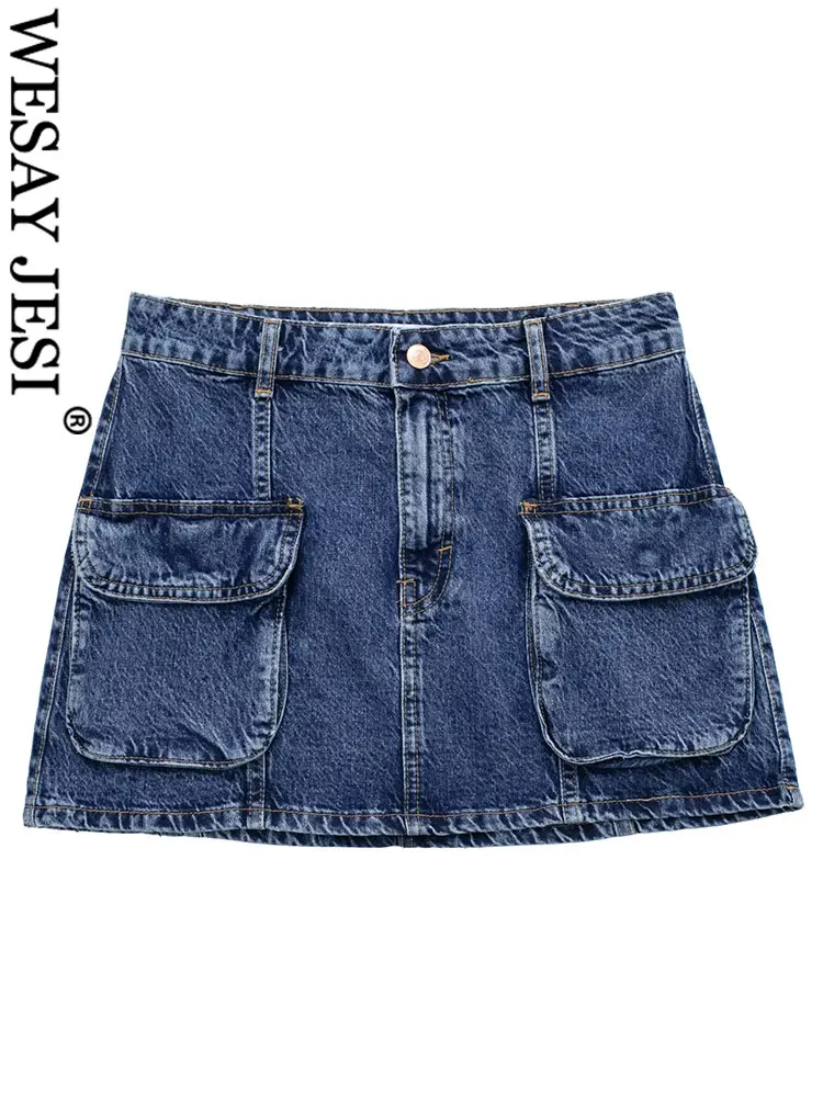 

WESAY JESI Women's Fashion Denim Cargo Skirt Front Pocket Zipper Slim Mini Skirts Female Sexy Streetwear Dark Blue Denim Skirt