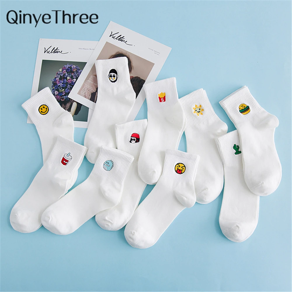 Women's Harajuku Hipster Skateboard Funny White Socks Embroidery Coke Girl Killer Cactus Heart Fries Monster Cactus Hamburger