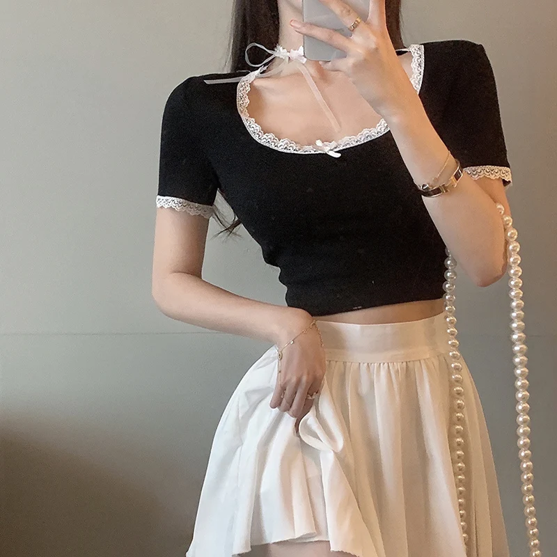 

Y2k Tops Lace Trim Bow Short T-shirt Women Summer Square Collar Slim Tops Cute Tees Harajuku T Shirts Women Clothes