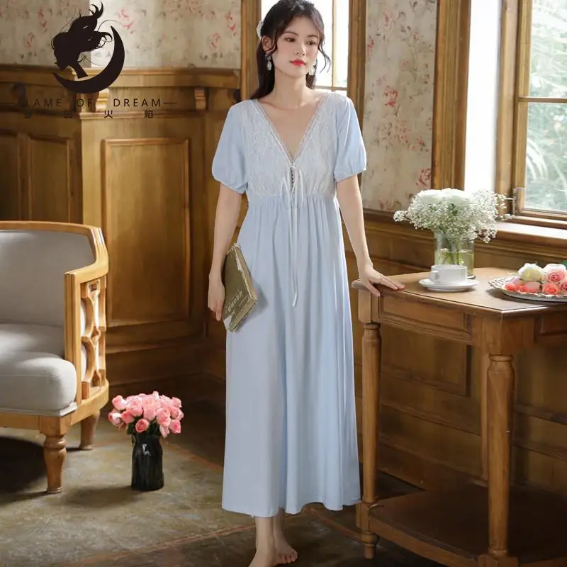 Flame Of Dream Long Sleeved Nightdress Women's Spring Cotton Court Style Retro Lace Princess Pajamas Loose Large 1541