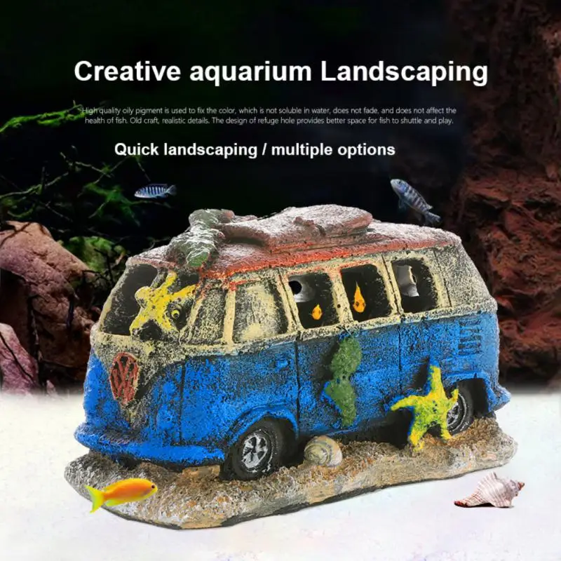 

1PCS Fish Tank Decoration Landscaping Resin Moss Old Car Aquarium Ornament Decoration Wreck Car Decor Ornaments