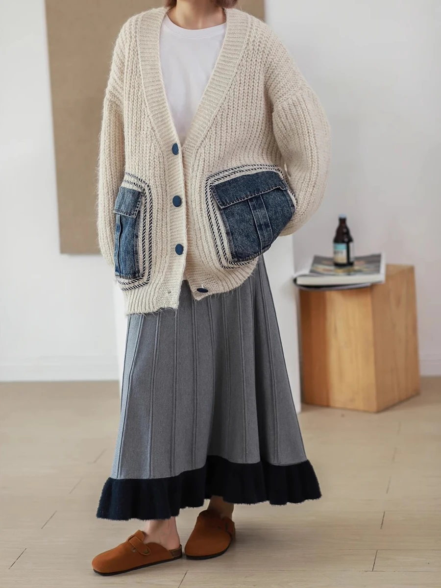 Женский трикотажный кардиган с V-образным вырезом карманами