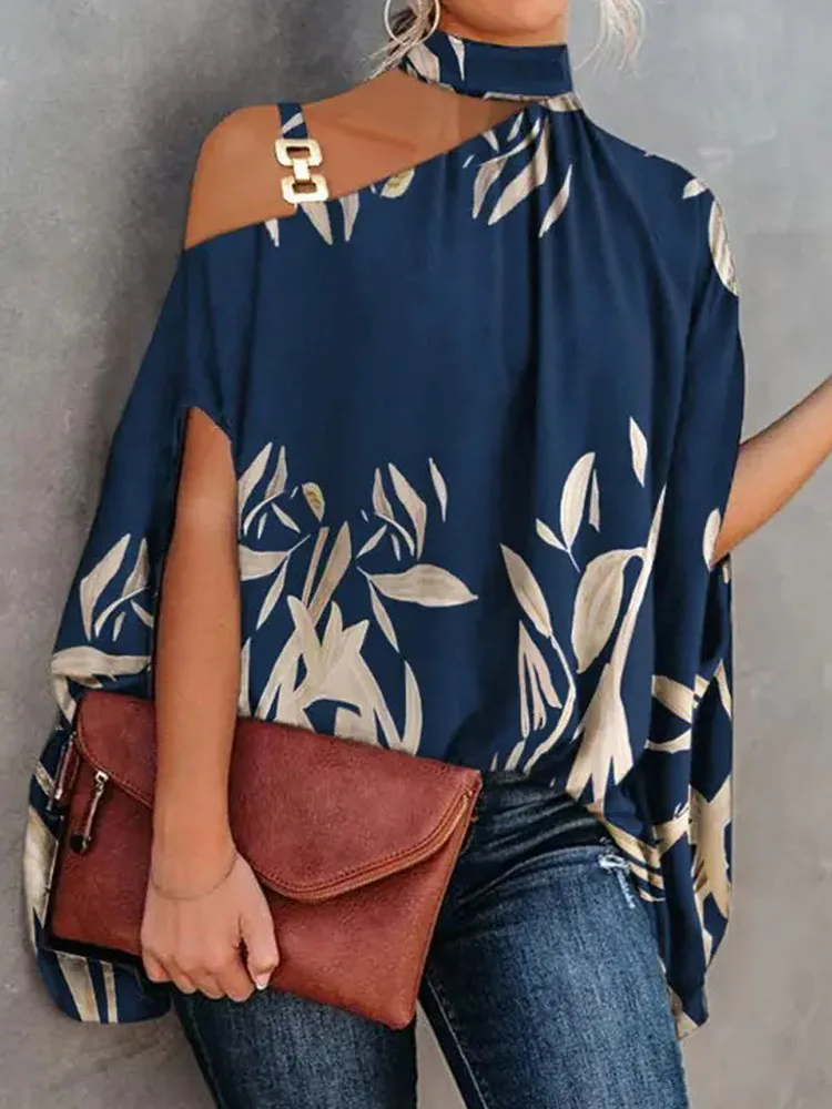 

Женская ажурная блузка с диагональным воротником, элегантная Свободная Повседневная офисная блузка с рукавами «летучая мышь» и принтом, ле...