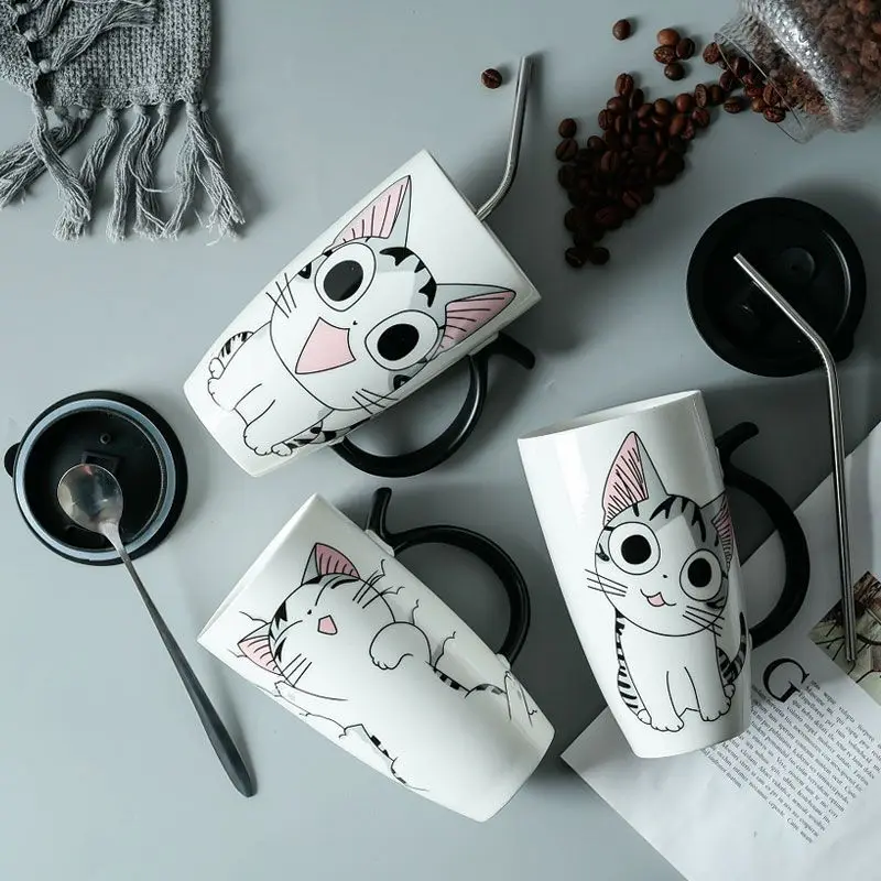 

600ml Cute Cat Ceramics Coffee Mug with Lid, Spoon, and Straw, Large Capacity Cat Mugs Drinkware Coffee Tea Cups