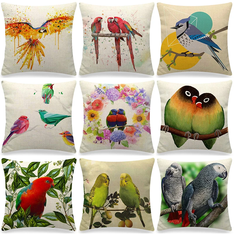 Parrot Birds Printed Linen Cushion Cover 45x45cm Home Couch Decorative Pillow Covers Beautiful Animals Pattern Throw Pillowcase