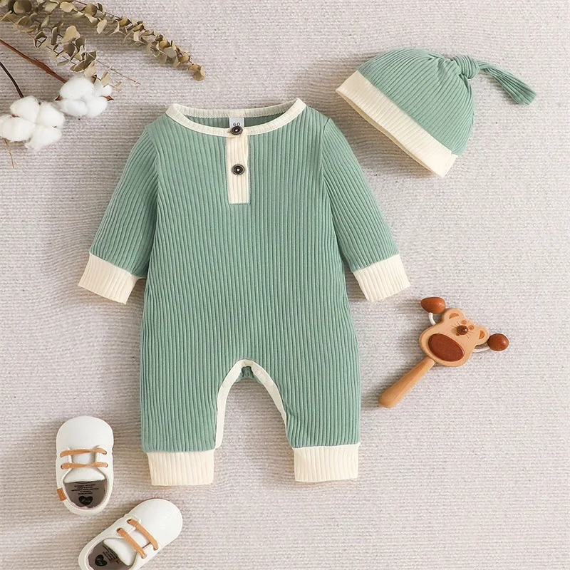 

Baby Girls Boys Rompers Patchwork Crew Neck Long Sleeve Jumpsuits Toddler Fall Bodysuits with Hat 0-18Months