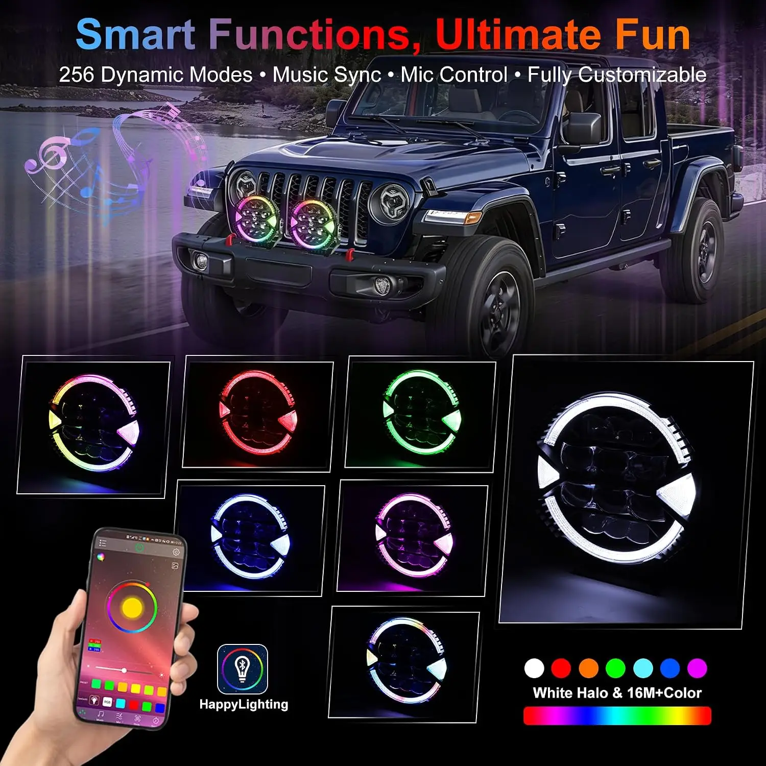 Фото MOVOTOR 9-дюймовые RGB-фары для бездорожья, 2 шт., с высокой и низкой яркостью, RGB-гало-дневные ходовые огни для Jeep, Tacoma, 4Runner, грузовиков, внедорожников, UTV, пикапов. №1