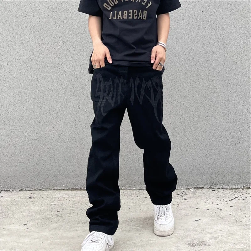 Four Seasons Y2K Emo Men Fashion Black Street Embroidery Low Cut Loose Jeans Straight Pants Hip Hop Jeans Men Pants Clothes Men