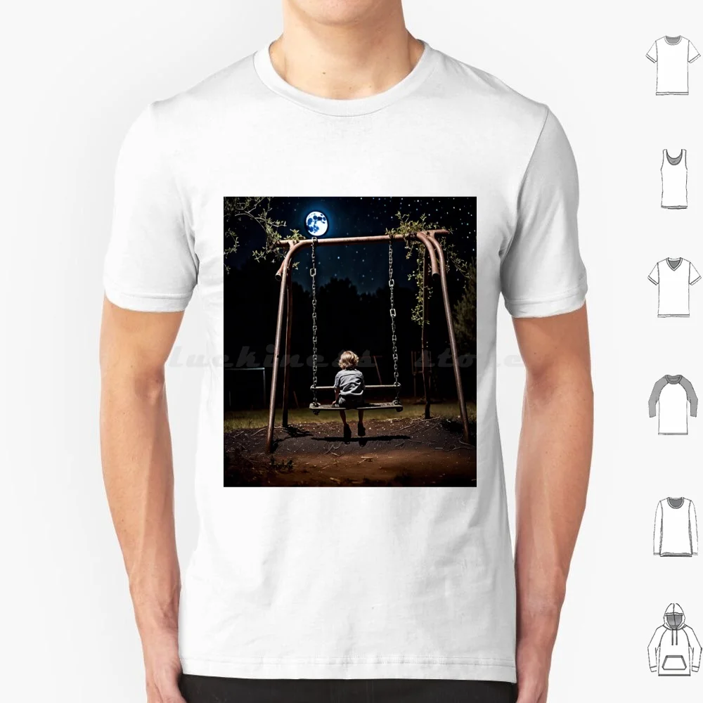 Фото Футболка Child On A Swing 6xl Хлопковая крутая футболка Child On A Swing Playground Swing Child Nighttime Desolate Abandoned Full Moon №1