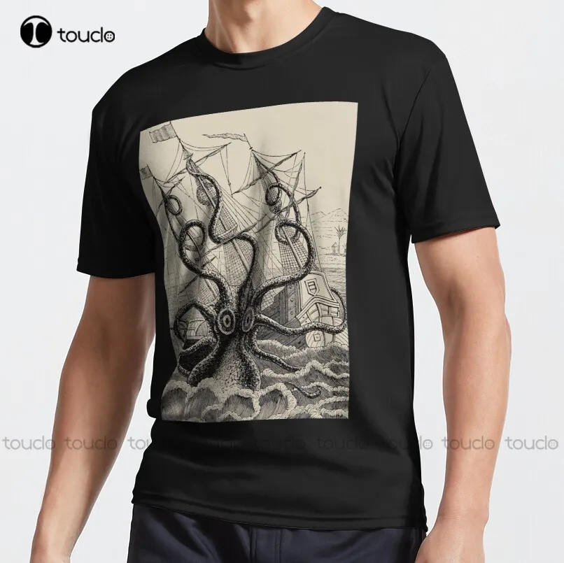 

Vintage Kraken Attacking Ship Illustration Active T-Shirt Hiking Shirt Custom Aldult Teen Unisex Digital Printing Tee Shirt New