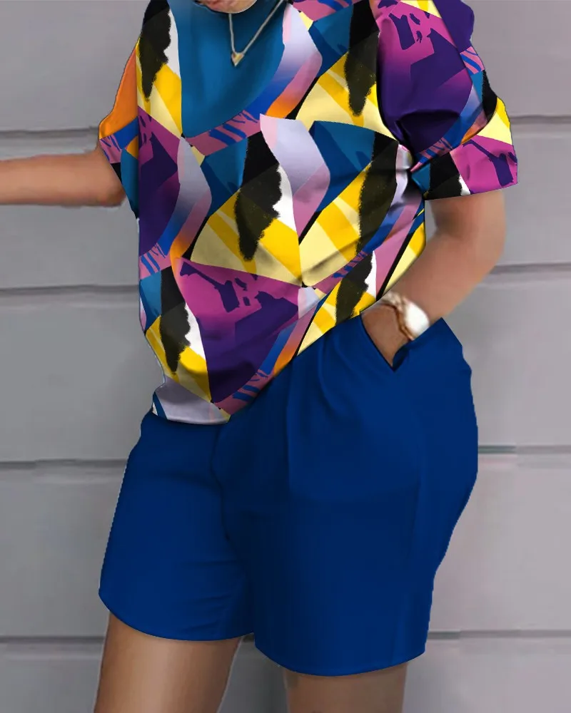 Plus Size Matching Sets Women Patchwork Print Shirts Tops And Short Pants Female Fashion Tracksuits 2023 Summer Two Piece Sets