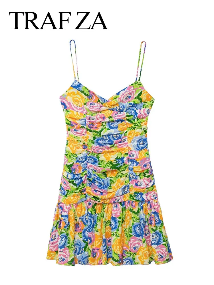 

TRAF ZA Women's Sling Pleated Mini Skirt Sleeveless Oil Painting Print Dress Slim Sexy Summer Ladies Casual Pastoral Street Top