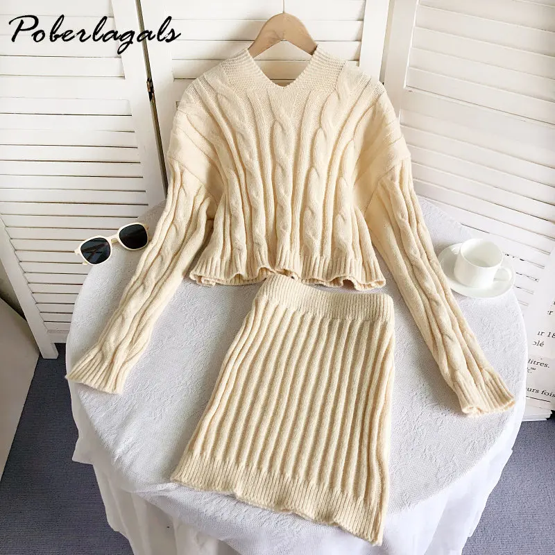 

Женский Повседневный костюм из двух предметов, зимний трикотажный короткий свитер с капюшоном и тёплая юбка с высокой талией