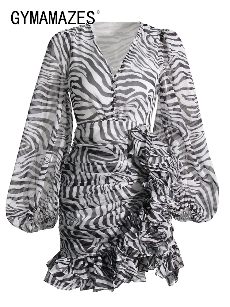 

Платье-мини женское в полоску с глубоким V-образным вырезом и рукавами-фонариками