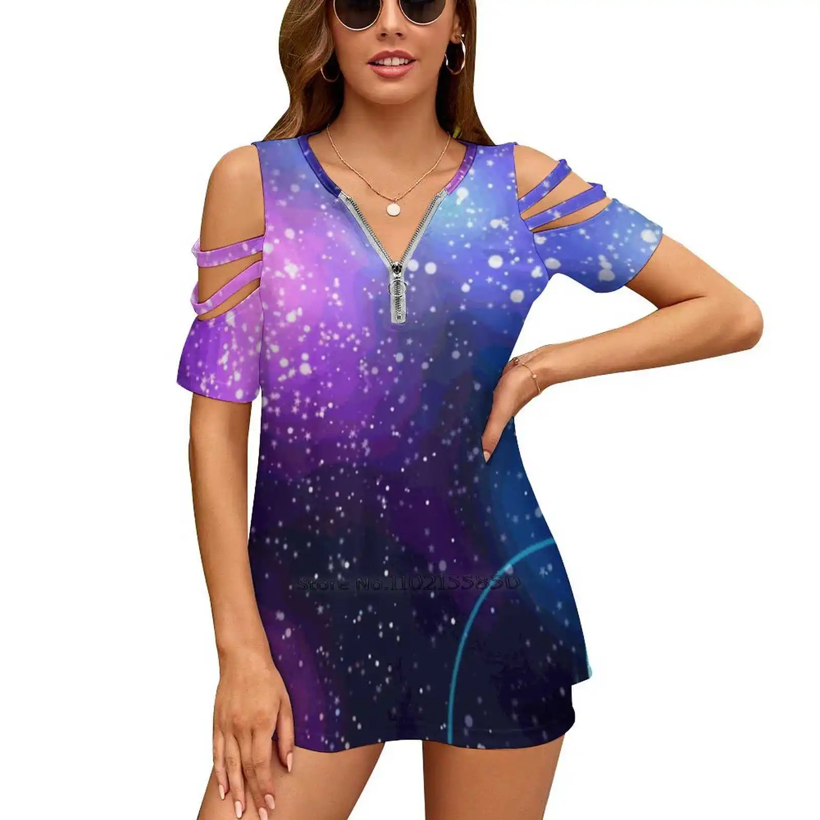

Blobby Galaxy And Diamond Stars Woman Tshirts Printed Tops Zipper V-Neck Top Fashion Graphic T Shirt Galaxy Space Stars